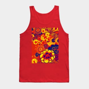 ANTIQUE JAPANESE FLOWERS BLUE RED ORANGE YELLOW Wild Roses Kimono Style Floral Tank Top